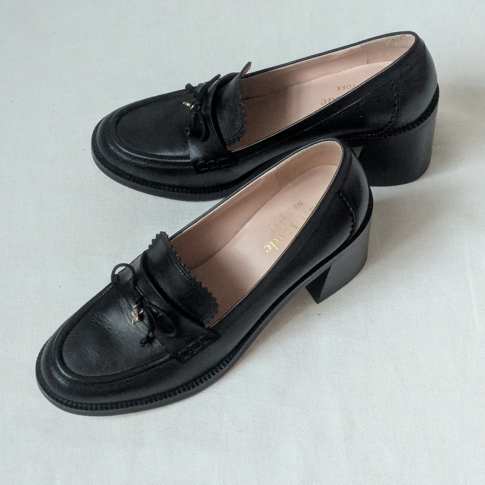 Kate Spade Hattie Black Leather Block Heel Loafer Pumps Sz 6B Like New - Picture 4 of 11